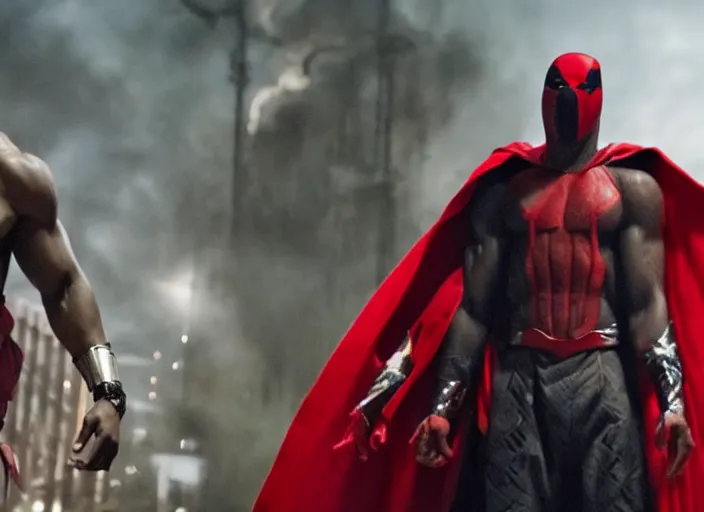 Image similar to film still of michael b jordan as spawn in the new spawn movie, giant chains, large cape, 8 k