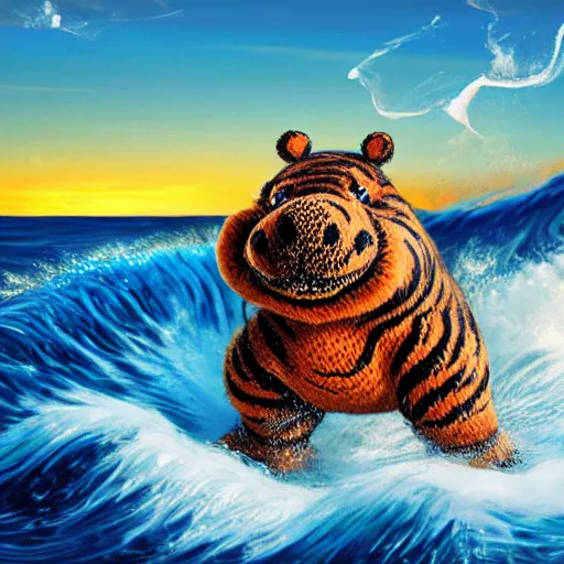 Image similar to a closeup photorealistic photograph of a cute smiling knitted tiger hippopotamus riding a large wave at sunset. surf in background. professional capture. brightly lit scene. this 4 k hd image is trending on artstation, featured on behance, well - rendered, extra crisp, features intricate detail, epic composition and the style of unreal engine.