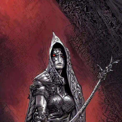 Prompt: a warrior woman in a hooded dark robe, her face is covered by a chain - mail veil, standing in a fighting stance and holding a long staff, intricate, elegant, highly detailed, smooth, sharp focus, high contrast, graphic novel, art by pepe larraz,
