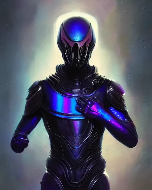 Prompt: character concept of iridescent sinewy smooth muscular male sleek glossy indigo black pearlescent scifi armor with smooth flowing black featureless helmet, by greg rutkowski, mark brookes, jim burns, tom bagshaw, magali villeneuve, trending on artstation