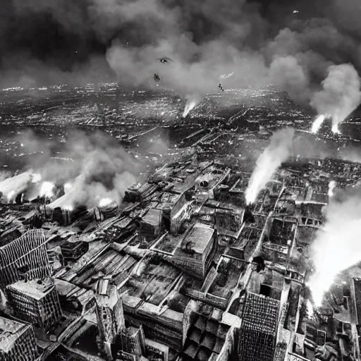 Prompt: steampunk city skylines engulfed in flames, huge fires, explosions everywhere, bird's eye view, cinematic, very detailed, black and white photograph