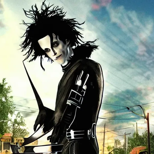 Prompt: edward scissorhands in gta 6 cover art by pedro conti