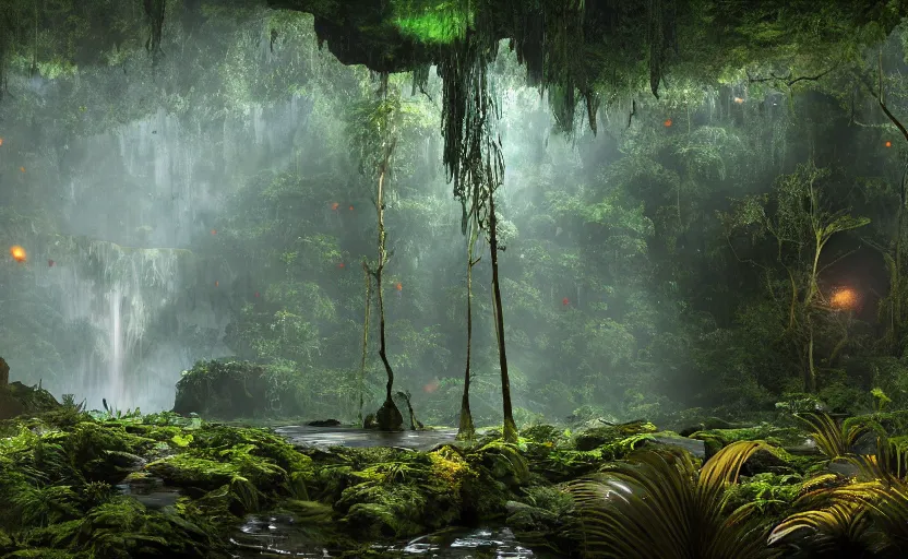 Image similar to a beautiful render of a dark prehistoric rainforest in a humongous cave, lush flora, patches of yellowish - red - magenta sky, sunset lighting, fireflies, floating mountains and a waterfall in the background, intricate detail, hazy, humid, volumetric lighting, god rays, 8 k, photorealistic, raytracing effects, unreal engine 5