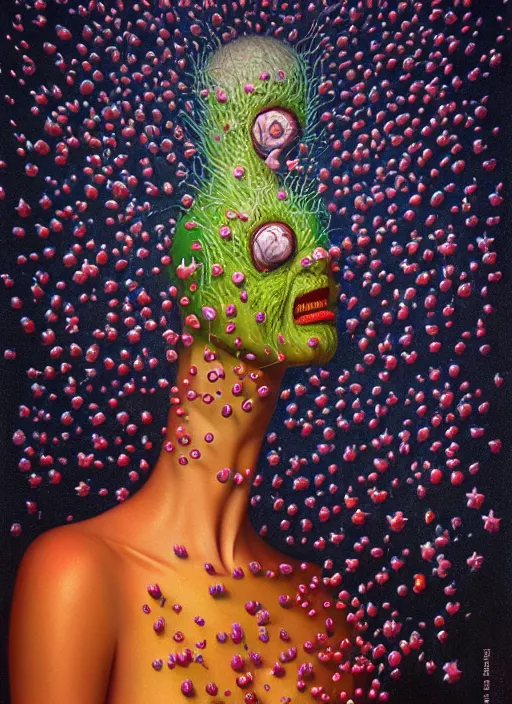 Image similar to hyper detailed 3d render like a Oil painting - Aurora (Singer) Eats of the Strangling Fruit and Her gossamer polyp blossoms bring iridescent fungal flowers whose spores black the foolish stars by Jacek Yerka, Mariusz Lewandowski, Abstract brush strokes, Masterpiece, Edward Hopper and James Gilleard, Zdzislaw Beksinski, Mark Ryden, Wolfgang Lettl, hints of Yayoi Kasuma, octane render, 8k