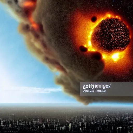 Image similar to Photo of the last day of the world. Meteors falling and destroying cities. explotions, destruction. news photography, cinematic still from Deep Impact