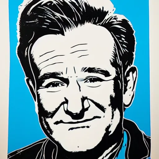 Image similar to silkscreen and lithography to create robin williams in the style of andy warhol