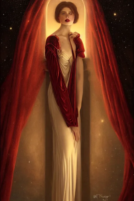 Image similar to a dark fantasy world, glowing, stars, a long-legged elegant evil woman, mysterious, ethereal, dressed in red velvet, haute couture, illustration, dramatic lighting, soft details, painting, by Edmund Blair Leighton, Brom, Charlie Bowater, trending on artstation, faces by Tom Bagshaw, Sargent