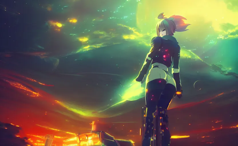 Prompt: anime scene background of futuristic solar-punk tokyo, anime painting, 3d render, hyper realistic, dramatic lighting, the sky is a nebula on fire, 8k hdr pixiv dslr photo by Makoto Shinkai ilya kuvshinov and Wojtek Fus, digital art, concept art,