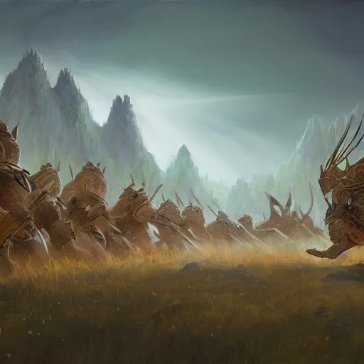 Image similar to a jessica rossier painting of a phalanx of ashigaru mice influenced by brian froud