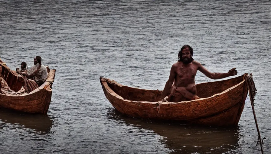 Prompt: a man in a barque made of flesh on a blood river, leica sl 2, heavy grain, high quality, high detail, color