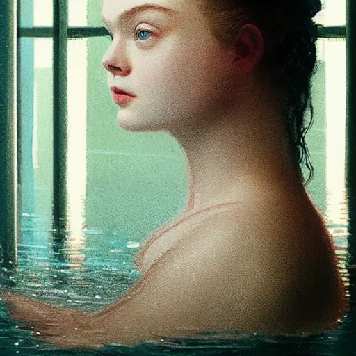 Prompt: Elle Fanning at the pool in the style of Paola Vetri, head and shoulders portrait, stormy weather, extremely detailed masterpiece, oil on canvas, low-key neon lighting, artstation, Blade Runner 2049, Roger Deakin’s cinematography, by J. C. Leyendecker and Peter Paul Rubens and Edward Hopper and Michael Sowa,