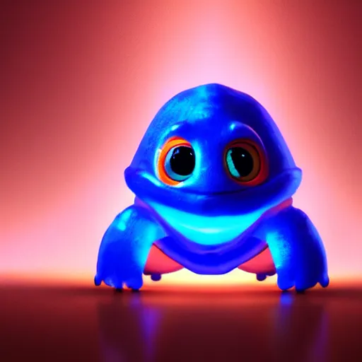 Image similar to a cute little chibi turtle with swords standing, dramatic led lights in blue and orange, unreal engine, 8k, pixar style