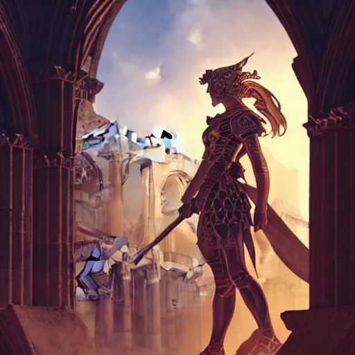 Prompt: An illustrationof a portrait of a young Knights of Zodiac girl, wings, fighting at ancinet Agora of Athens, ruins, cyberpunk cathedral, Golden Light, 8K, illustration, art by artgerm and greg rutkowski and alphonse mucha, volumetric light, lightrays, smoke, cinematic, atmospheric, insanely detailed and intricate, hypermaximalist, elegant, super detailed