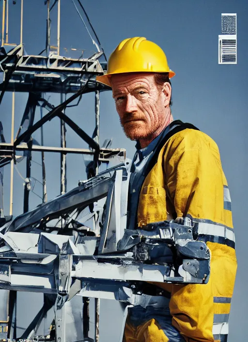 Image similar to closeup portrait of mecha bryan cranston with construction crane frame arms, yellow hardhat, natural light, bloom, detailed face, magazine, press, photo, steve mccurry, david lazar, canon, nikon, focus