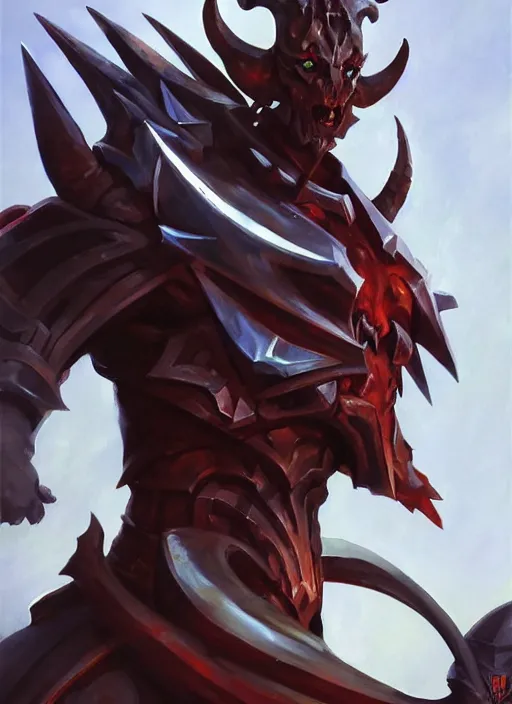 Image similar to Greg Manchess portrait painting of a demonic, devil armored character from league of legends, full shot, asymmetrical, profile picture, Organic Painting, sunny day, Matte Painting, bold shapes, hard edges, street art, trending on artstation, by Huang Guangjian and Gil Elvgren and Sachin Teng