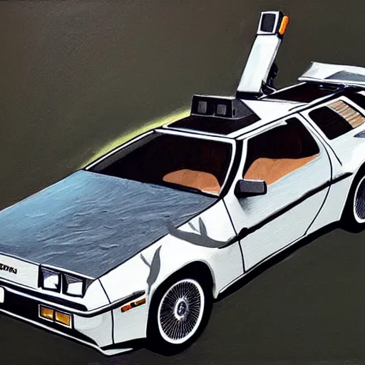 Prompt: painting of a delorean with tiger skin stripe viynl rap,