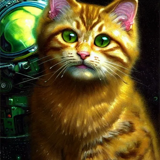 Image similar to a portrait of a humanoid fluffy tabby cat feline with green human eyes wearing a space suit. shadowrun cyberpunk fantasy highly detailed painting by gaston bussiere craig mullins jc leyendecker gustav klimt artgerm greg rutkowski john berkey, bergey, craig mullins, ruan jia, raymond swanland, jeremy mann, tom lovell, alex malveda