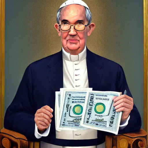 Prompt: pope jerome powell, wearing the pope hat, holding wad of money, patron saint of money printers, illuminated by the light of heaven, 8k, 4k, oil painting, award winning portrait of his holiness jerome powell, masterpiece