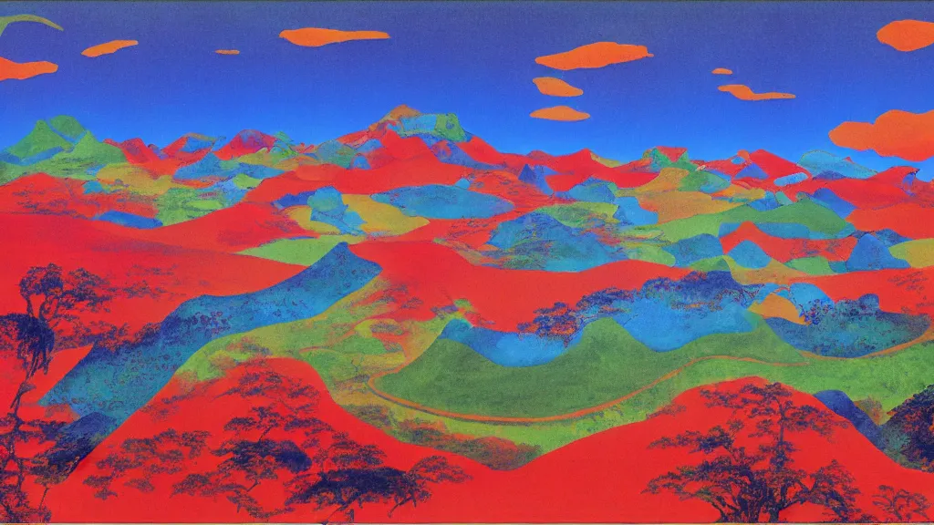 Image similar to Shangri-la, landscape, by Tadanori Yokoo