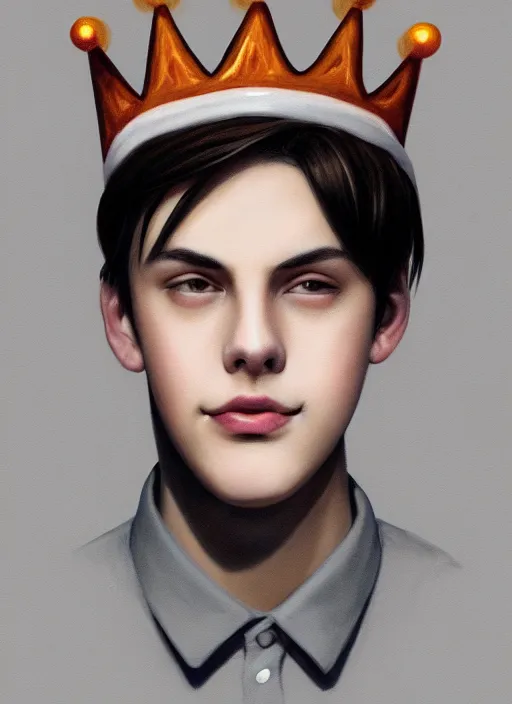 Image similar to portrait of teenage jughead jones wearing a light grey crown, crown, hamburger background, eyes closed, crown, black hair, orange, intricate, elegant, glowing lights, warm lighting, highly detailed, digital painting, artstation, concept art, smooth, sharp focus, illustration, art by wlop, mars ravelo and greg rutkowski