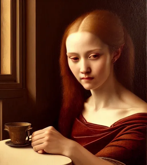 Image similar to portrait of happiness sitting upon a table with heightened detail, poised, intense emotion, detailed facial expression, detailed surroundings, intricate, elegant, highly detailed, centered, digital painting, artstation, concept art, smooth, sharp focus, illustration, by ( leonardo da vinci ), wlop