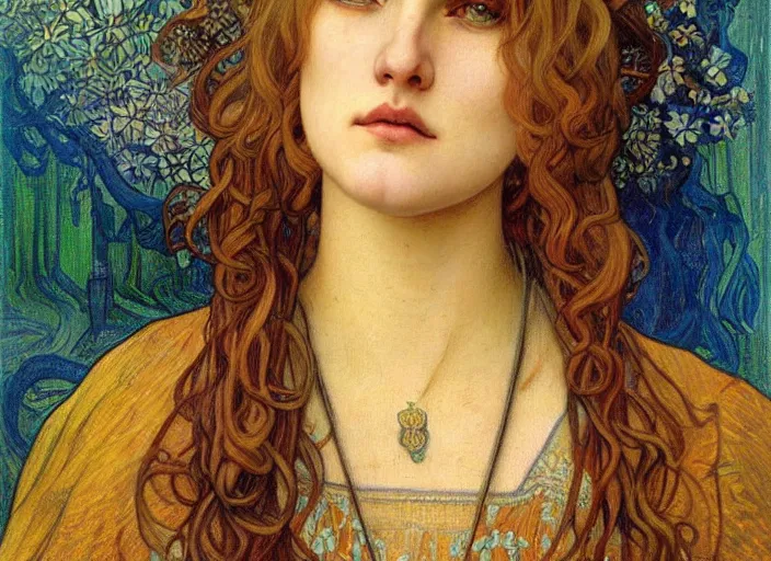 Image similar to detailed realistic beautiful young medieval queen face portrait by jean delville, alphonse mucha, vincent van gogh, and marco mazzoni, art nouveau, symbolist, visionary, gothic, pre - raphaelite