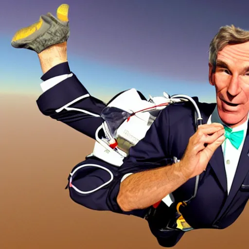 Image similar to bill nye the science guy skydiving, photorealistic