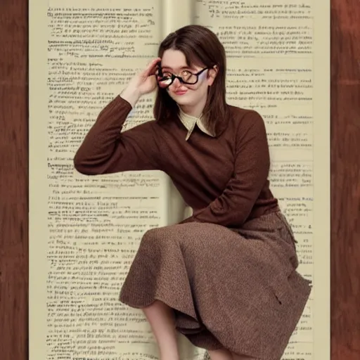 Prompt: POSE(fullbody pose + sitting, reading a book) WEAR(long-sleeve blouse + wool skirt + bottlecap-lens glasses) APPEAR(short brown hair + short woman + twenty five years old + small grin) MOOD(peaceful) NOTES(featured on ArtStation)