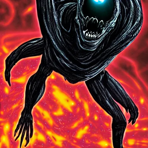 Image similar to A monster from within a black hole, alien in nature, brutal and vast, powerful and hungry :: by Mike Deodata