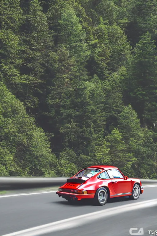 Image similar to Photo of a Porsche 911 Carrera 3.2 on a winding road through mountains and forests, volumetric lighting, highly detailed, technicolor.