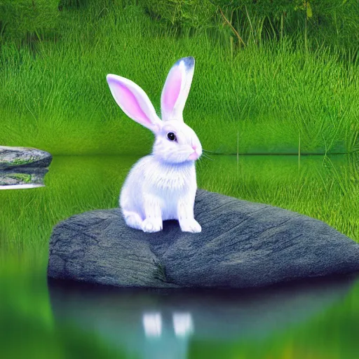 Prompt: bunny rabbit with ears perked up in the middle of a lake sitting on a rock surrounded by a lush green forest, oil painting, award winning, 4k, high quality, detailed