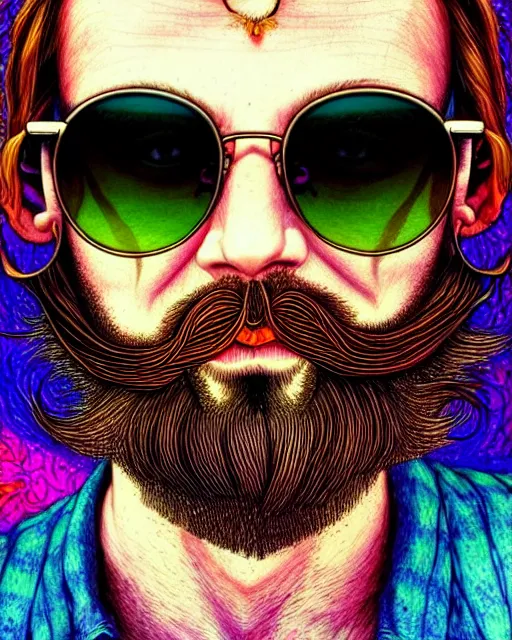 Prompt: detailed hipster skinny man with sunglasses, long vibrant colored beard, dmt, by james gurney + intricate and vibrant work + portrait + trending on artstation + incredible gothic illustration + exquisite detail