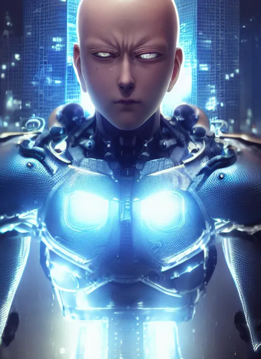 Image similar to Realistic Cyborg One Punch Man with blue eyes, futuristic city, artistic pose, light atmosphere, cinematic shot, intricate, ornate, photorealistic, ultra detailed, realistic, 100mm, photography, octane, high definition, depth of field, bokeh, 8k, artstation