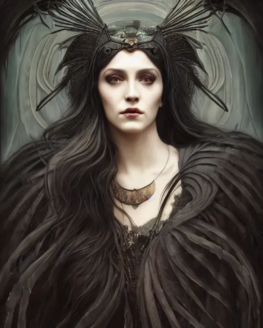 Image similar to a portrait of the Raven Queen, otherworldly beautiful, large dark eyes, dark magic, illustration, dramatic lighting, soft details, painting oil on canvas, art nouveau, octane render, HDR, 4k, 8k, HD, by Edmund Blair Leighton, Brom, Charlie Bowater, trending on artstation, Tom Bagshaw faces by otto Schmidt