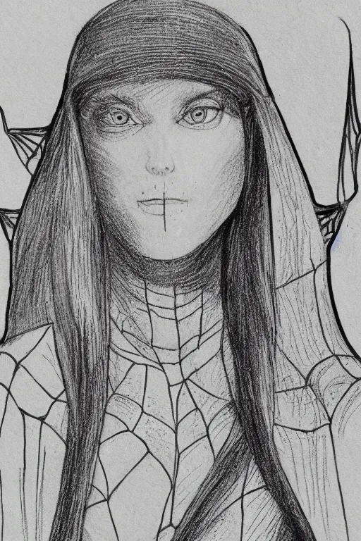 Prompt: a portrait of spider gwen in the style of leonardo da vinci drawing,, single head, no double head,