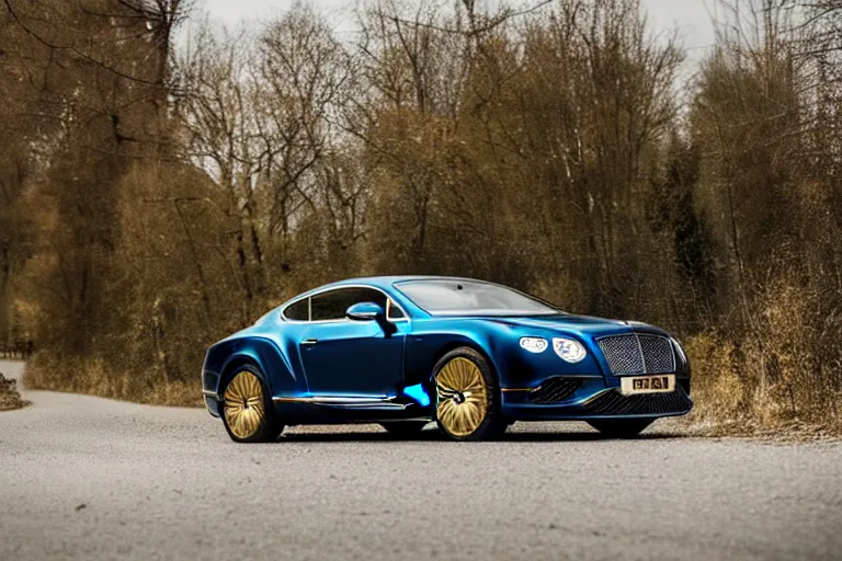 Image similar to Bentley Continental GT in shiny gold film drives along old Russian village road