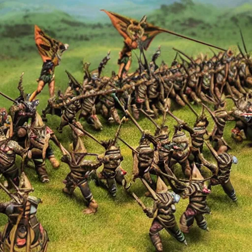 Image similar to photo taken of an epic miniature battlefield diorama, an army of high elves battling a horde of orcs, with highly detailed exquisitely painted 3 d printed characters, wide shot, photorealistic, sharp focus, f 0. 4, golden ratio, golden hour = w 7 6 8