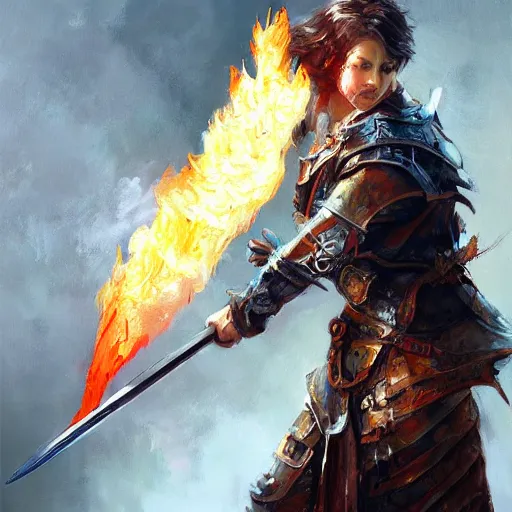 Image similar to a flaming sword, painting by wlop