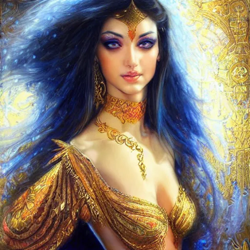 Image similar to a beautiful arabian woman by karol bak, ayami kojima, artgerm, arabian beauty, blue eyes, smile, concept art, fantasy