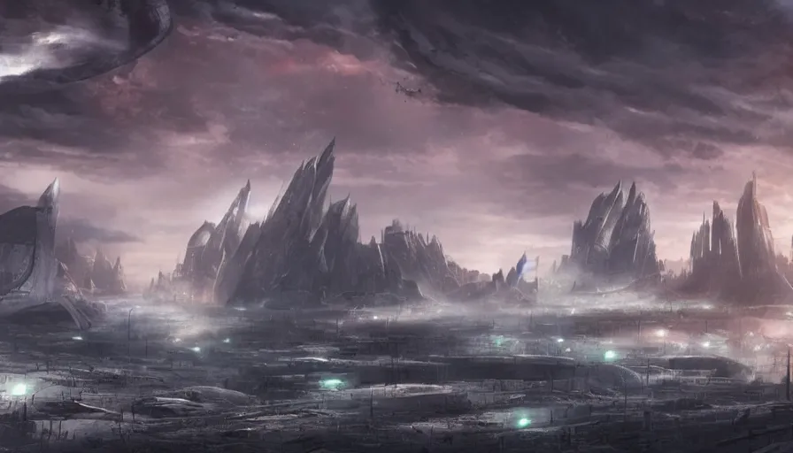 Prompt: matte painting of a huge sci - fi battlefield