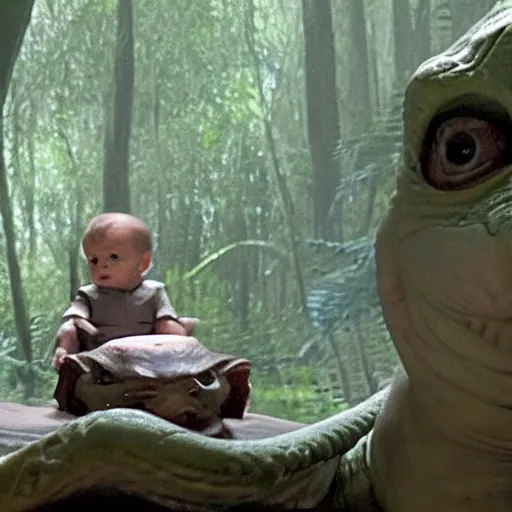 Prompt: Film still of Baby Dragon sitting next to Grogu on Dagobah, from The Mandalorian (2019)