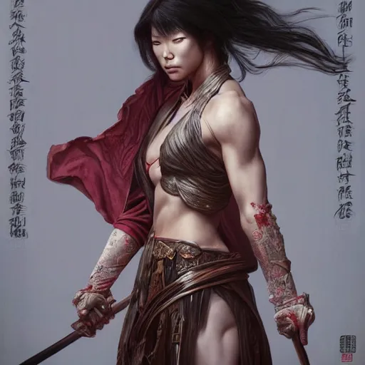 Image similar to painting of dark muscular oiled chinese woman, bloody, carrying a sword, symmetric, ultra realistic, concept art, intricate details, eerie, highly detailed, photorealistic, octane render, 8 k, unreal engine. art by artgerm and greg rutkowski and alphonse mucha