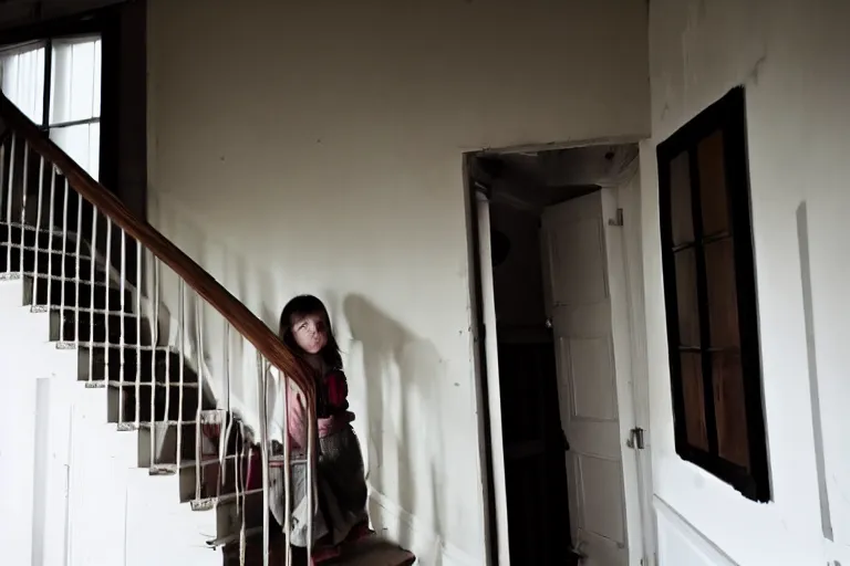 Image similar to a girl standing at the top of stairs in a house, looking at the ghost of a man at the bottom