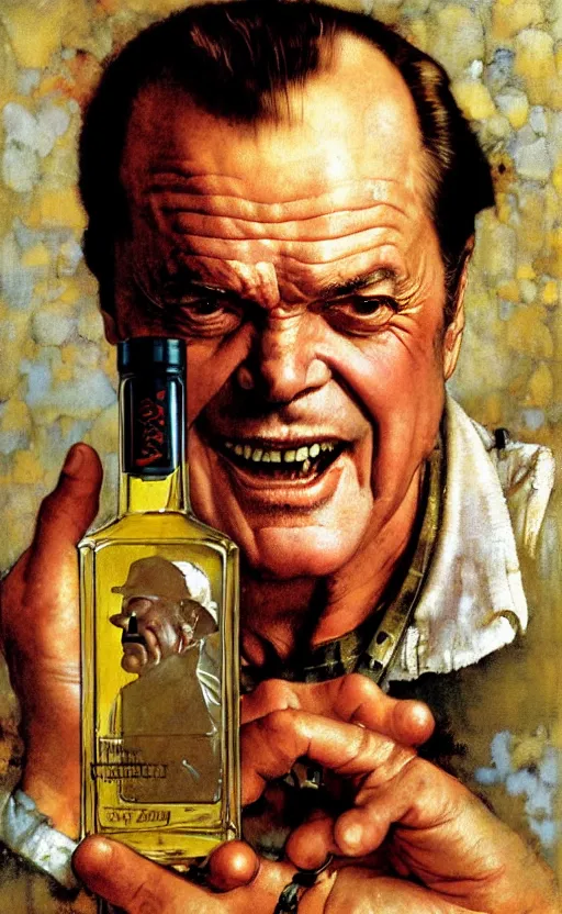 Prompt: illustration of a clear whiskey bottle with jack nicholson inside the bottle, by norman rockwell, roberto ferri, daniel gerhartz, edd cartier, jack kirby, howard brown, tom lovell, jacob collins, dean cornwell