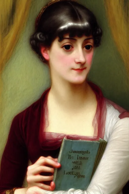 Image similar to jane austen with books, painting by rossetti bouguereau, detailed art, artstation