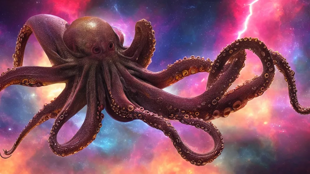 Image similar to octopus spider hybrid on a planet. close bottom view. whole body. nebula background. cinematic composition. cinematic lightning. ultra realistic. 8 k. highly detailled. deep space. ultra realistic details. cinematic atmosphere. studio lighting. shadows. dark background.