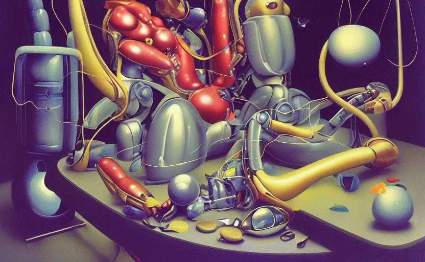 Image similar to strange curvy seductive futuristic robot body, enticing colorful oil painting dutch golden age vanitas eros still life sparse composition with bulbous objects strange gooey transparent surfaces shiny metal reflections bizarre mutant meat insects rachel ruysch dali todd schorr very detailed perfect composition rule of thirds masterpiece canon 5 0 mm, cinematic lighting, photography, retro, film, kodachrome