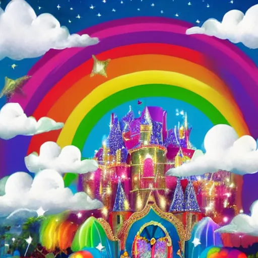 Image similar to a whimsical magical kingdom made up of clouds and rainbows, covered in shining stars