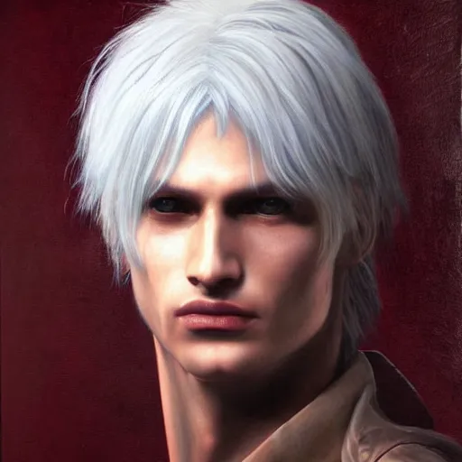 Prompt: a striking hyper real painting of dante from devil may cry by da Vinci, pale blond curly hair