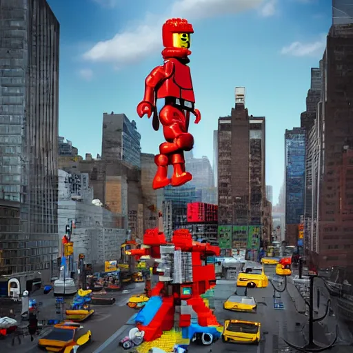 Image similar to “hyperrealist picture of a giant lego figure wreacking havoc in New York, digital art, concept art, blender, Artstation trending, Unreal Engine 5, 8k UHD”